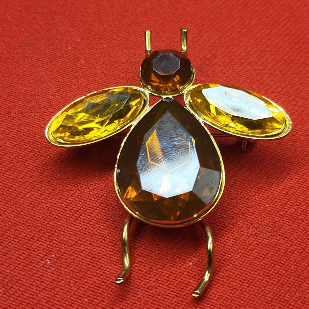 VTG Bee Brooch Lucite Citrine Topaz Orange Golden Yellow Faceted Large Insect Cr - Picture 4 of 12